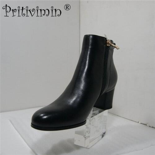 Pritivimin FN209 Fashion Women Boots With Heels Genuine Leather Boots Rubber Sole Ankle Boots With Zipper Short Plush Shoes Boot