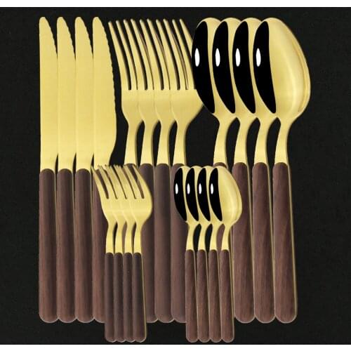 20Pcs Gold Wooden Handle Westrn Flatware Set Stainless Steel Dinnerware Cutlery Set Dinner Knife Cake Fork Spoon Teaspoon Set