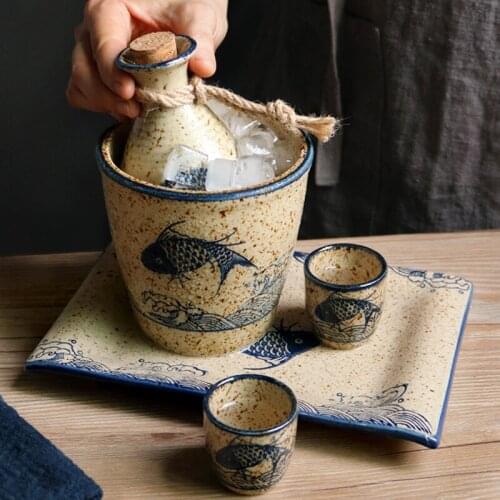 Japanese Sake Set Ceramic Liquor Dispenser Household Small Wine Cup Bottle Jar Traditional Shochu Cup Bamboo Wood Tray Cold Jug