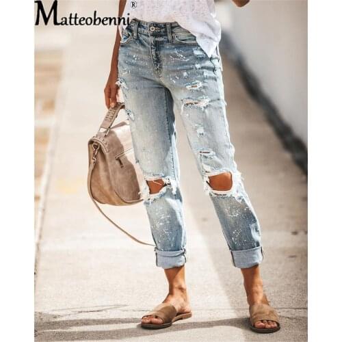 2021 New Women Fashion Mid Waist Boyfriend Big Ripped Hole Jeans Casual High Street Denim Pants Sexy Vintage Pencil Calca Jeans