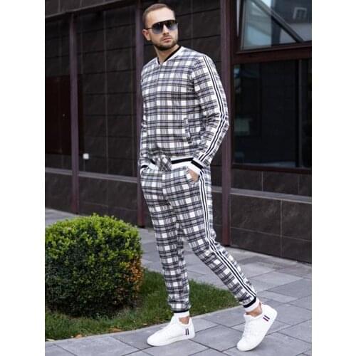 New High street Men Set Zipper jacket Checkered Track suit Men Sportsuits Long Sleeve stripe Coat+Pants Casual Sportswear Suit