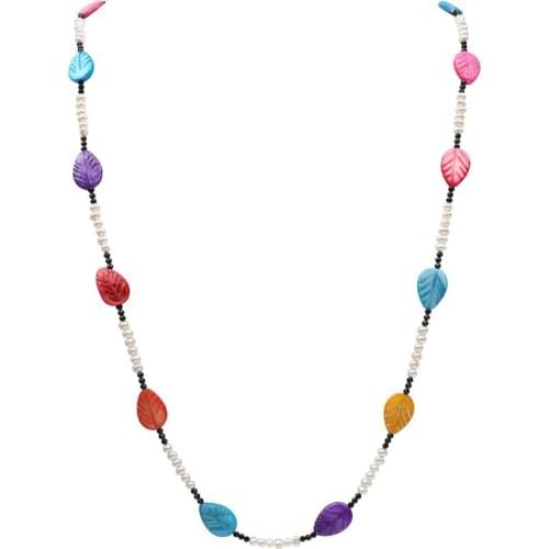 Free shipping 35 inch single row mix color mother of pearl leaf tiny spinel real natural pearl beads sweater necklace for women