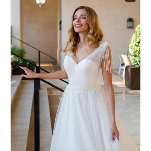 Wedding Dress A-Line V-Neck Lace Appliques Flower Tassel Tulle Floor Length Sweep Train Bridal Gown Custom Made Vestido De Noiva