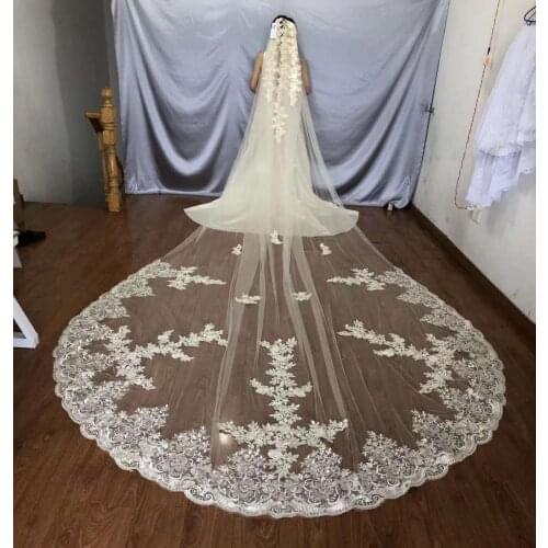Real Photos 5M Long Wedding Veils With Comb One Layers Soft Tulle Lace Appliqued Sequins Bridal Veil White Ivory