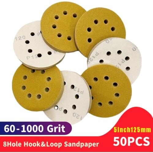 50pcs 125mm Sandpaper Round Shape Sanding Discs Hook Loop Sanding Paper Buffing Sheet Sandpaper 8 Hole Sander Polishing Pad