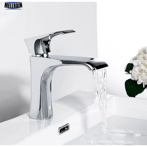 Single Handle Bathroom Faucet Solid Brass Waterfall Style Basin Water Mixer Silver Chrome Plated Toilet Tap