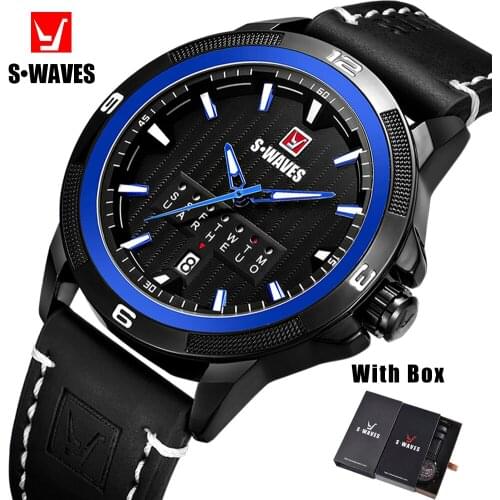 SWAVES Waterproof Watch Men Clock Leather Date New Mens Wristwatches Analog Quartz Reloj Hombre Fashion Mens Watches With Box