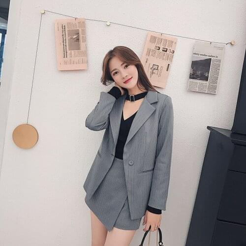 Office Lady Women Skirt Suits Fashion One Button Notched Striped Blazer Jackets and Slim Mini Skirts Two Pieces OL Sets Female