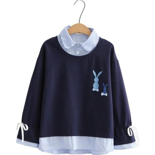 Women Hoodies And Sweatshirts Cartoon Embroidery Patchwork Fake Two Piece Pullover 2020 Autumn Petal Sleeve Female Tracksuits