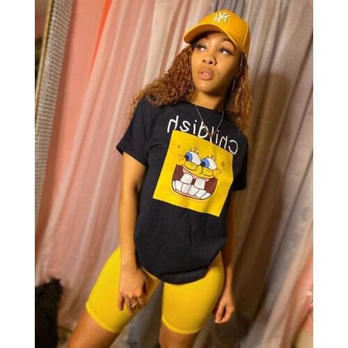 RMSFE 2021 Decrease Age Lovely Leisure Short Sleeve O-neck Cartoon Print Clothes + Tight Solid Color Shorts 2 Piece Womens Set