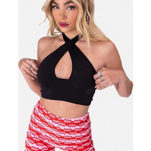 Women Close-fitting Sexy Bandage Vest Black Solid Color Sleeveless Off-the-shoulder Halter Crop Tops Club Party Chic Wrap Top