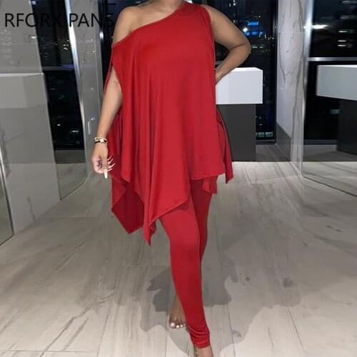 Women Solid Tank Skew collar Asymmetrical Skinny Pants Looose Tops Pants sets