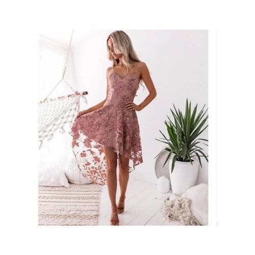 2020 Sexy Women Dress Summer Sling Hollow Out V-neck Ladies Asymmetrical Lace Dresses Sleeveless Slim Fit Womens Dress Vestidos