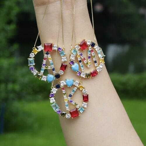 26 initial alphabet letter name charm pave rectangle multi color rainbow cz zircon gold chain pendant choker necklace for women