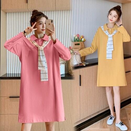 9182# Maternity Clothes Spring Autumn Turn Down Collar stripe Cotton Long Sleeves Loose Stylish Dress for Pregnant Women