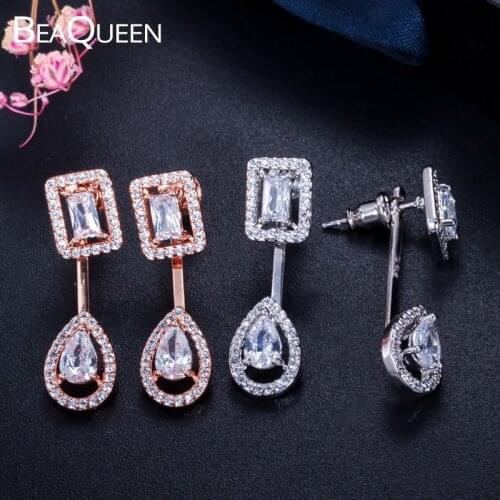 BeaQueen Geometric Square Water Drop Dangle Earrings Rose Gold Color Micro Paved CZ Zirconia Stones Women Jewelry Gift E260