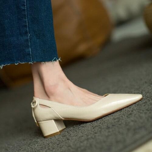 Osunlina Brand Square Toe Pumps Thick Heels Slip On Back Butterfly-Knot Black Beige Genuine Leather Handmade Elegant Shoes A257