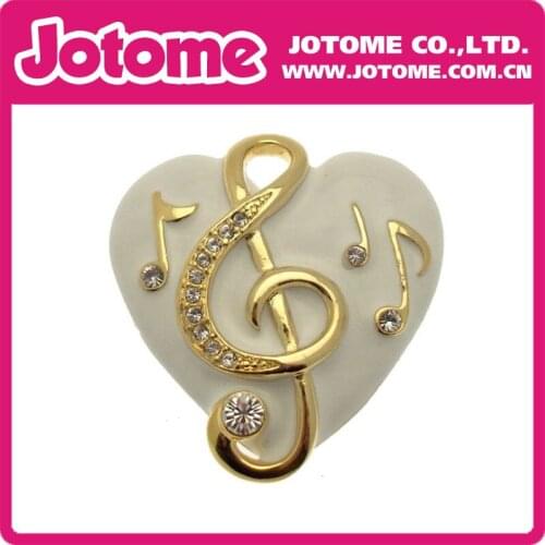 Hot selling White Enamel & Crystal heart shape Music Note lapel pin brooch & golden musical Clef Brooch Pin