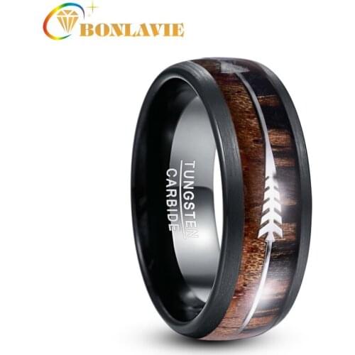 Frosted Hawaiian Koa Wood Tungsten Carbide Rings For Men 8 MM Wide Black Walnut Arrow Dome Wedding Rings Jewelry