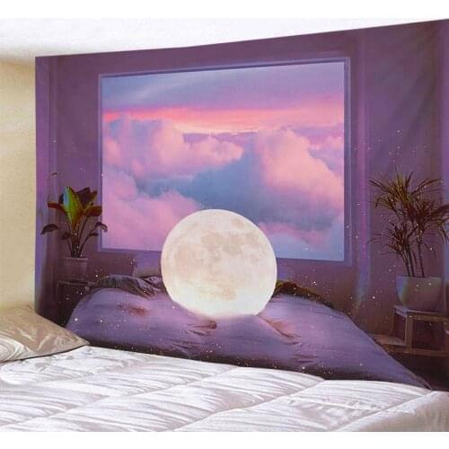 Beautiful Night Scene Moon Tapestry Wall Kawaii Room Decor Hippie Boho Sunset Tapestry Aesthetic Sky Sea Carpet Home Decoration