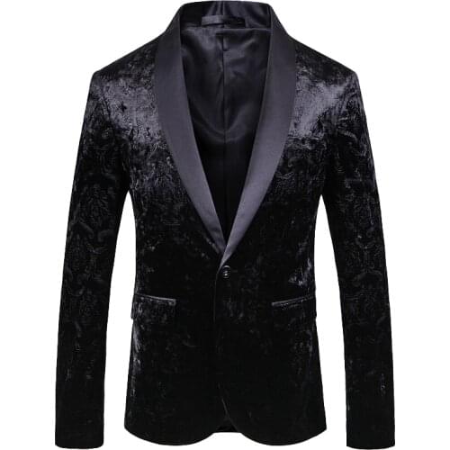 Black Velvet Blazer Men Male Suit Jacket Casual Business Flower Pattern Luxury Stylish Blazers For Men Party Wedding Blazer