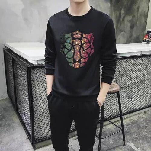 Men Tracksuit Winter O-Neck Cotton Padded Sweatshirt Fashion Hoodie And Trousers Two-Piece Rhinestone Style Fitness Streetwear