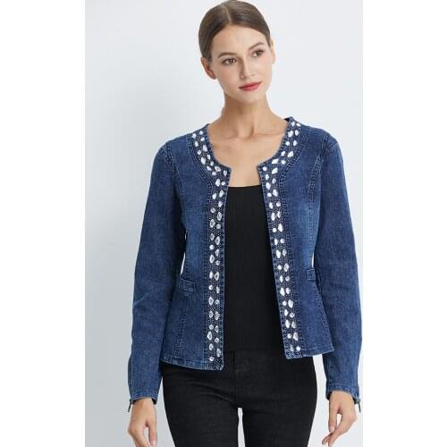 FMFSSOM 2021 New Arrival Spring Autumn Denim Jackets Vintage Diamonds Casual Coat Womens Short Jacket Outerwear Jeans