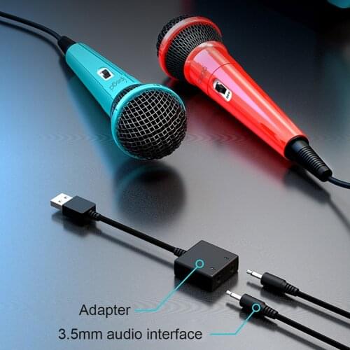 PG-SW089 2PCS Blue + Red DC 5V Singing Gaming Wired Microphones with USB Adapter for Nintendo Switch PS5 PS4 XBox PC 53*178mm