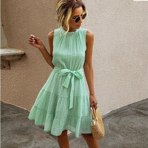 2020 New Women Elegant Sexy Sleevekless Sashes Dress Summer Solid Casual A-line Folds Slim Fashion Cotton Mini Dress Female