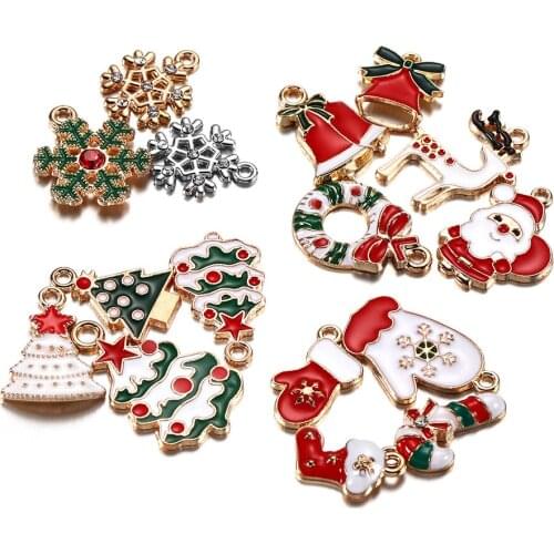 20 Santa Claus Christmas Charms Snowflake Elk Bell Pendant Enamel Metal Necklace Home Party Decoration Tree Hanging DIY Jewelry