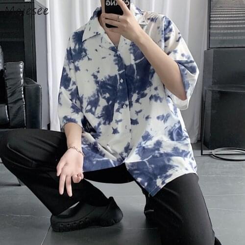 Harajuku Short Sleeve Shirts Men Tie Dye Draped Couples Ins Fashion Loose Breathable Simple Holiday Ulzzang Panelled Hip Hop Hot