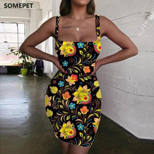 SOMEPET Colorful Dresses Women Flowers Halter Sleeveless Pattern Vestido Sexy Creativity Sundress Womens Clothing Summer Beach