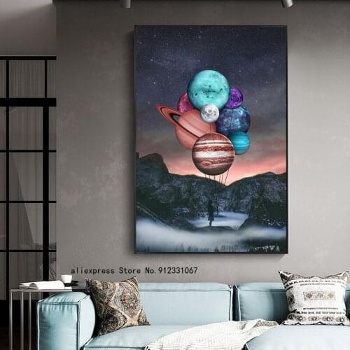 Modern Fun Art Girl Holding The Planets Canvas Posters and Prints Landscape Wall Art Pictures for Living Room Decoration