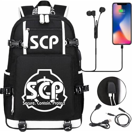 SCP Secure Contain Protect Backpack Black Bookbag Cartoon School Bags for Teenage Kids Travel Bagpack USB Laptop Shoulder Bags
