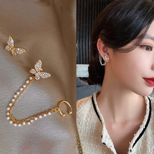New Butterfly Tassel Chain Earrings Ear Bone Clip Integrated Earring Pearl Asymmetric Fashion Gold Earring for Women
