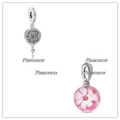 925 Sterling Silver Pendant Peach Blossoms Flowers Glass Charm Fit Pandora Bracelet & Necklace Women DIY Jewelry
