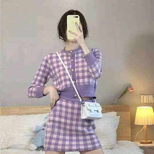 Ladies Breathable Leisure Suit Women Autumn Plaid Long Sleeve Single-breasted Knitted Tops + Short Bust Skirt + Camisole