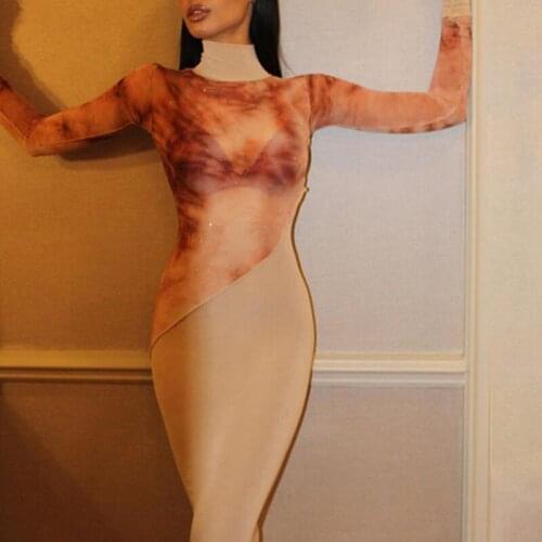 Club Banquet Women Elegant Dresses 2020 Autumn Ladies Print Contrast Stitch High Neck Long Sleeve Zipper Midi-length Slim Dress