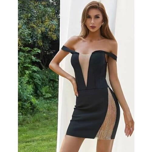 High Quality Black White Slash Neck Bocyon Mesh Hollow out Rayon Bandage Dress Elegant Club Party Dress Vestidos