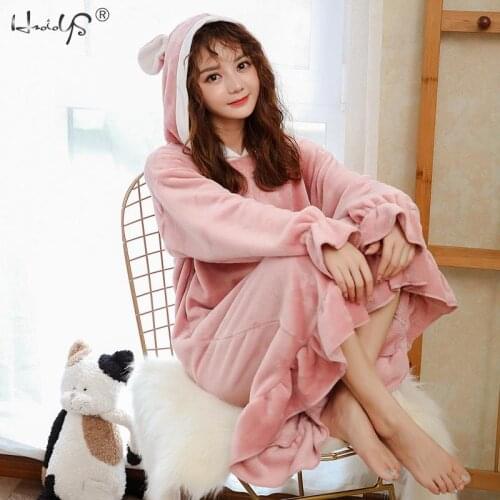 Winter Coral Fleece Nightgowns Sleepshirts Warm Hooded Nightdress With Pockets Long Sleep Dress Loose Casual Nightwear Homwear