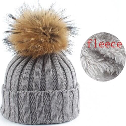 Winter Kids Beanie Boys Girls Fleece Liner Warm Hat Real Raccoon Fur Pompom Skullies Beanies Baby Knitted Hats For Children