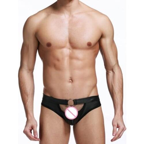 2017 Men Leather Jockstrap Gay Underwear Sexy Low Waist Front Hole Briefs Underpants Vetement Homme Sexy Hot Male Vinyl Panties