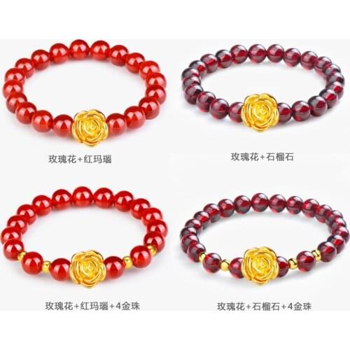 999 Pure 24K Yellow Gold Bracelet Women 3D Rose Flower Pendant Bracelet 6.3"L Wedding Gift 8mmW Garnet / Red Agate Beads