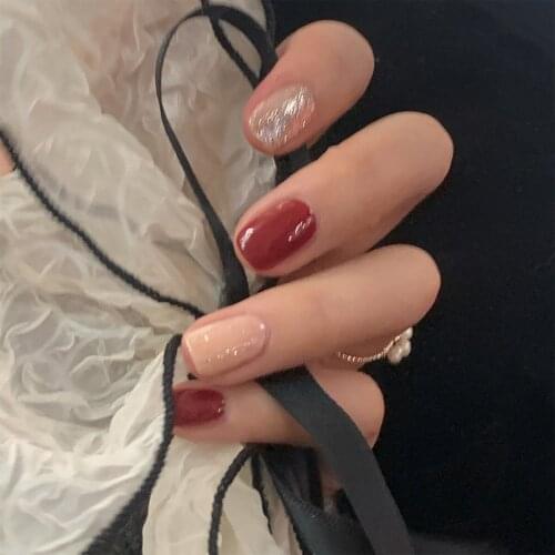 Shiny Wine Red False Nail Wearing Nail Finished Fake Nail Waterproof Detachable Nail Patch DIY Nail Art 24pcs