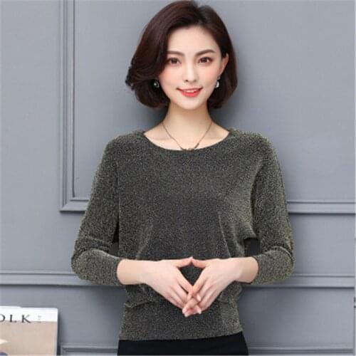 Korean New Shiny Sequin Blouse Korean Fashion Bat sleeve Womens Tops and Blouses Plus Size Stretch Slim Lady Tops Womens Shirt