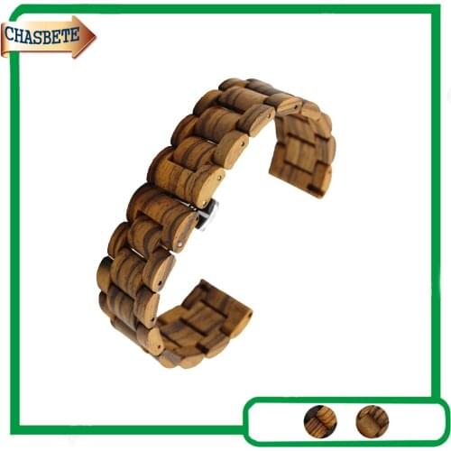 Wooden Watch Band for Fossil Watchband 22mm Men Women Stainless Clasp Belt Wrist Strap Loop Bracelet Black Brown + Spring Bar