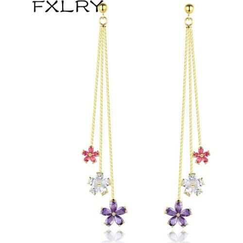 FXLRY Elegant Multicolor Inlaid AAA Zircon Flower Long Earrings For Women Jewelry Accessories