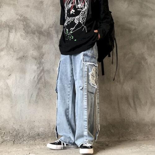 New Autumn Spring Harajuku Jeans Mens Straight Pants Vintage Gothic Wide Leg Denim Pants Loose Punk Trousers Ins Streetwear