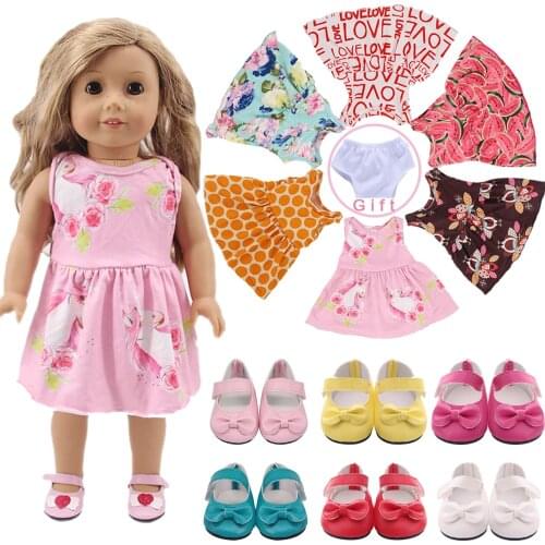 18Inch American Doll Clothes Cotton Print Skirt,Free Underpants,Bow PU Shoes,For 43Cm Reborn Baby Doll Accessories,Girls DIY Toy