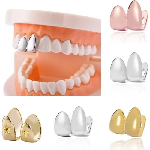 Hip Hop Braces Double Caps Gold Color Plated Grillz Canine Plain Two Teeth Right Top Single Caps Grills Unisex Denture Accessory